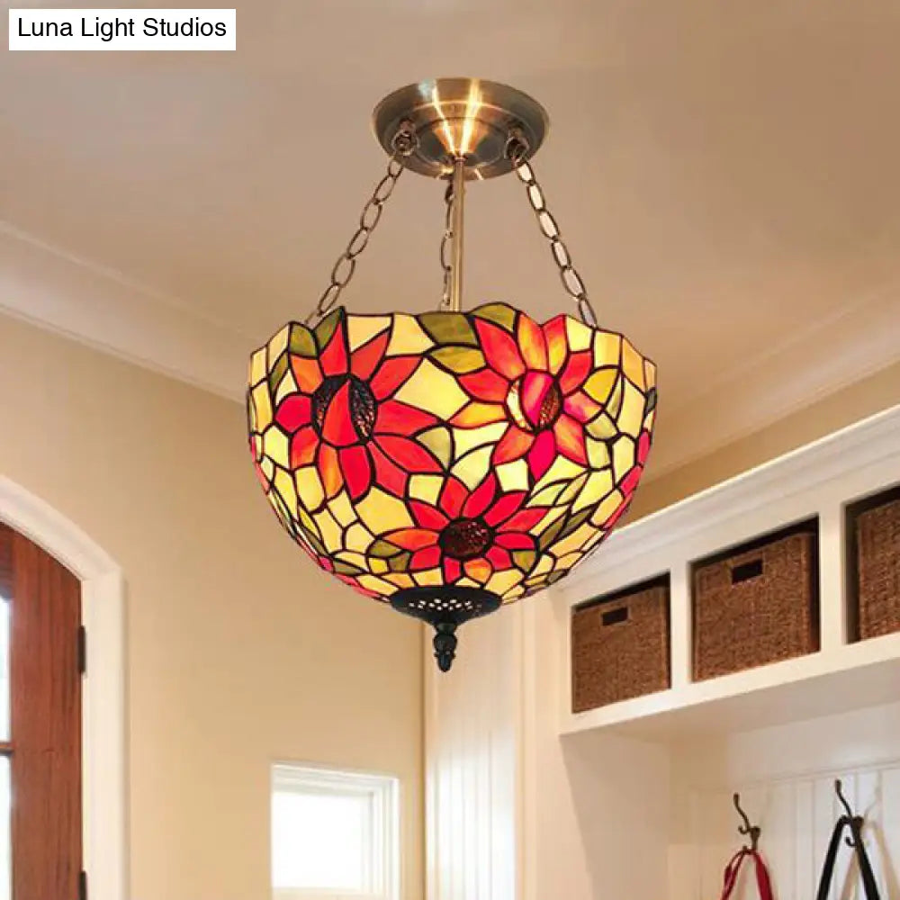 Rustic Sunflower Stained Glass Chandelier: Vibrant Orange Hanging Lamp For Corridor Lighting