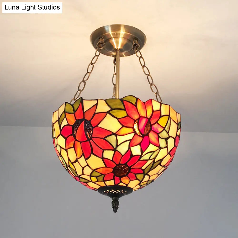 Rustic Sunflower Stained Glass Chandelier: Vibrant Orange Hanging Lamp For Corridor Lighting