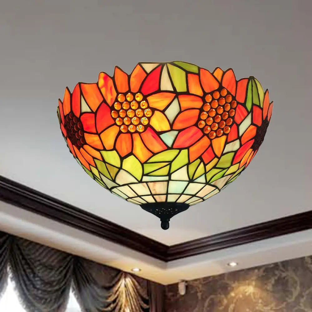 Rustic Sunflower Stained Glass Flush Mount Light In Orange For Dining Room