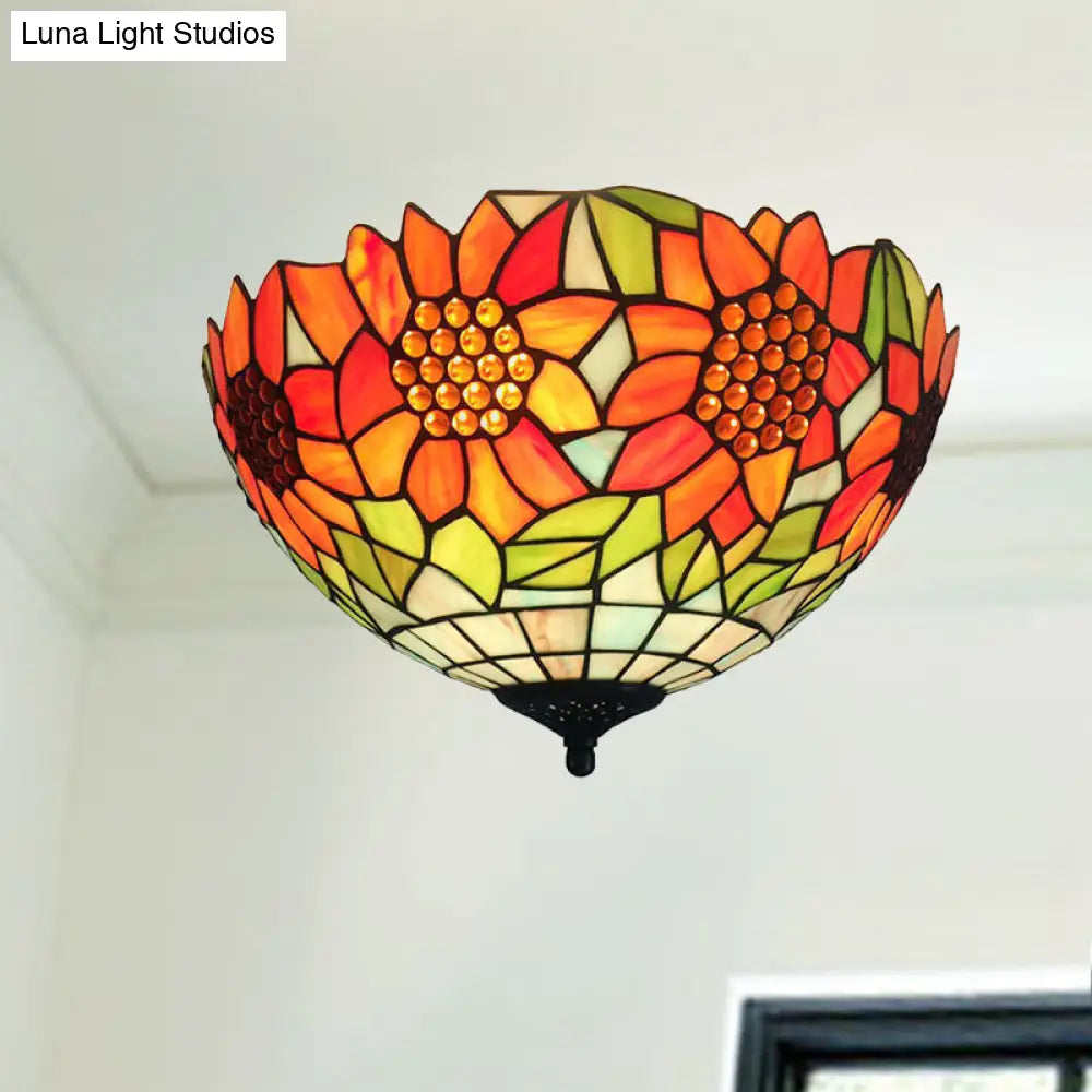 Rustic Sunflower Stained Glass Flush Mount Light In Orange For Dining Room