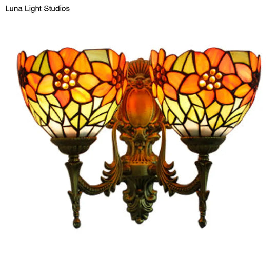 Rustic Sunflower Stained Glass Wall Sconce With 2 Lights - Orange Bowl-Shaped Lighting