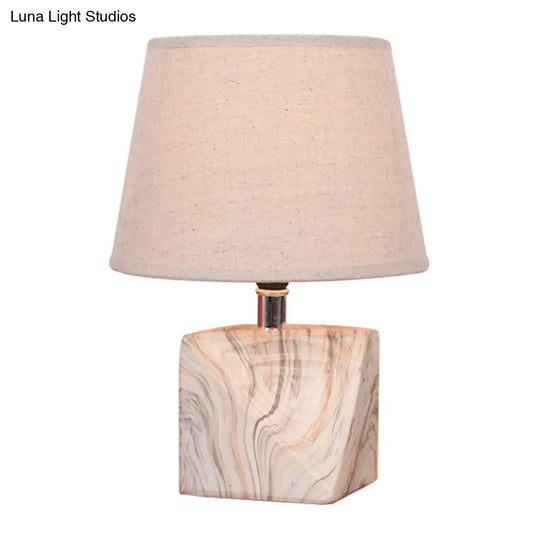 Rustic Table Lamp: Tapered Fabric Bedside Night Light With Wood Grain Base White Finish