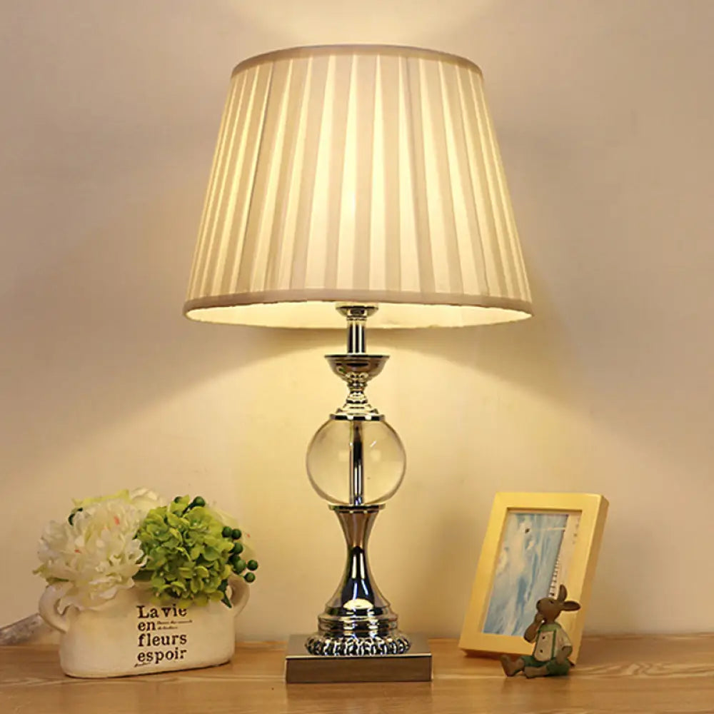 Rustic Table Lamp With Pleated Shade Fabric And Crystal Ball Deco - Bedroom Night Light In White