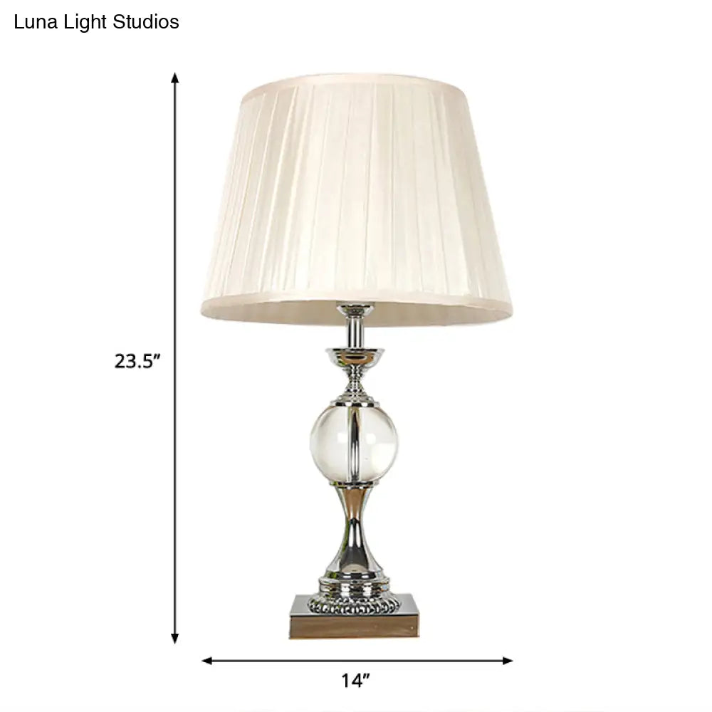 Rustic Table Lamp With Pleated Shade Fabric And Crystal Ball Deco - Bedroom Night Light In White
