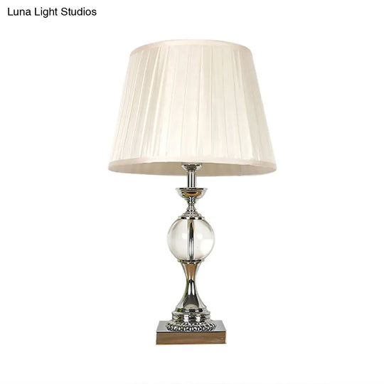 Rustic Table Lamp With Pleated Shade Fabric And Crystal Ball Deco - Bedroom Night Light In White