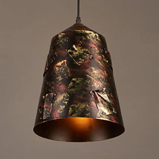 Rustic Tapered Hanging Lamp - Stylish 8.5’/9’ Wide Wrought Iron Pendant Light With Patch Design