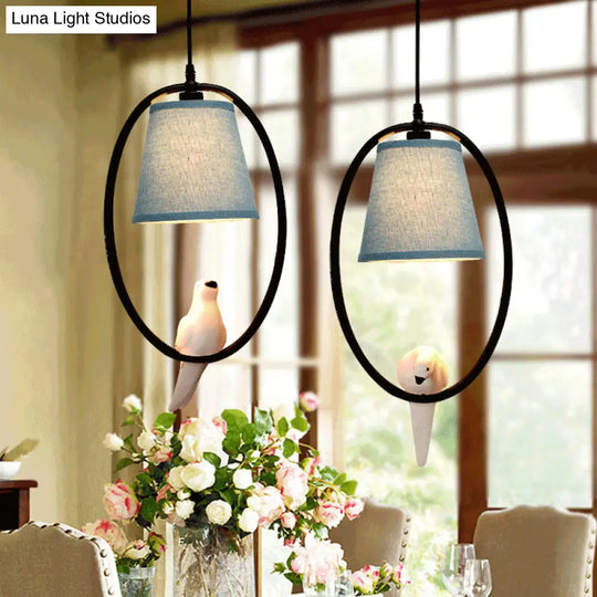 Rustic Tapered Shade Pendant Lamp - Blue Fabric 1 Head Light For Cafes