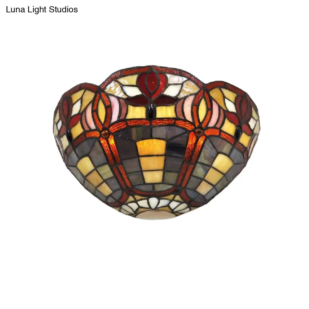 Rustic Tiffany Art Glass Bowl Wall Sconce Lamp - Corridor Lighting Red Brown Shade