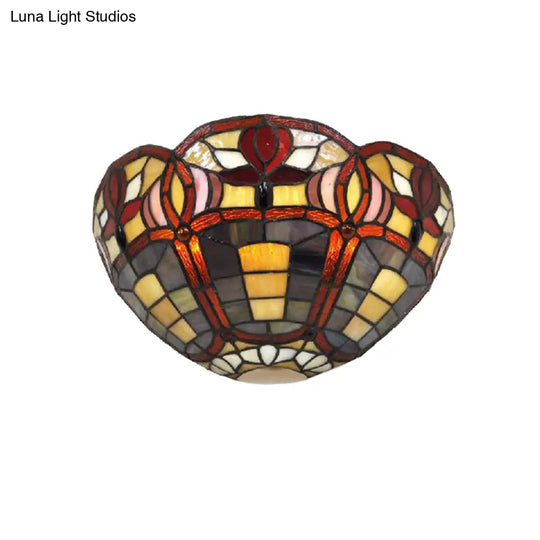 Rustic Tiffany Art Glass Bowl Wall Sconce Lamp - Corridor Lighting Red Brown Shade