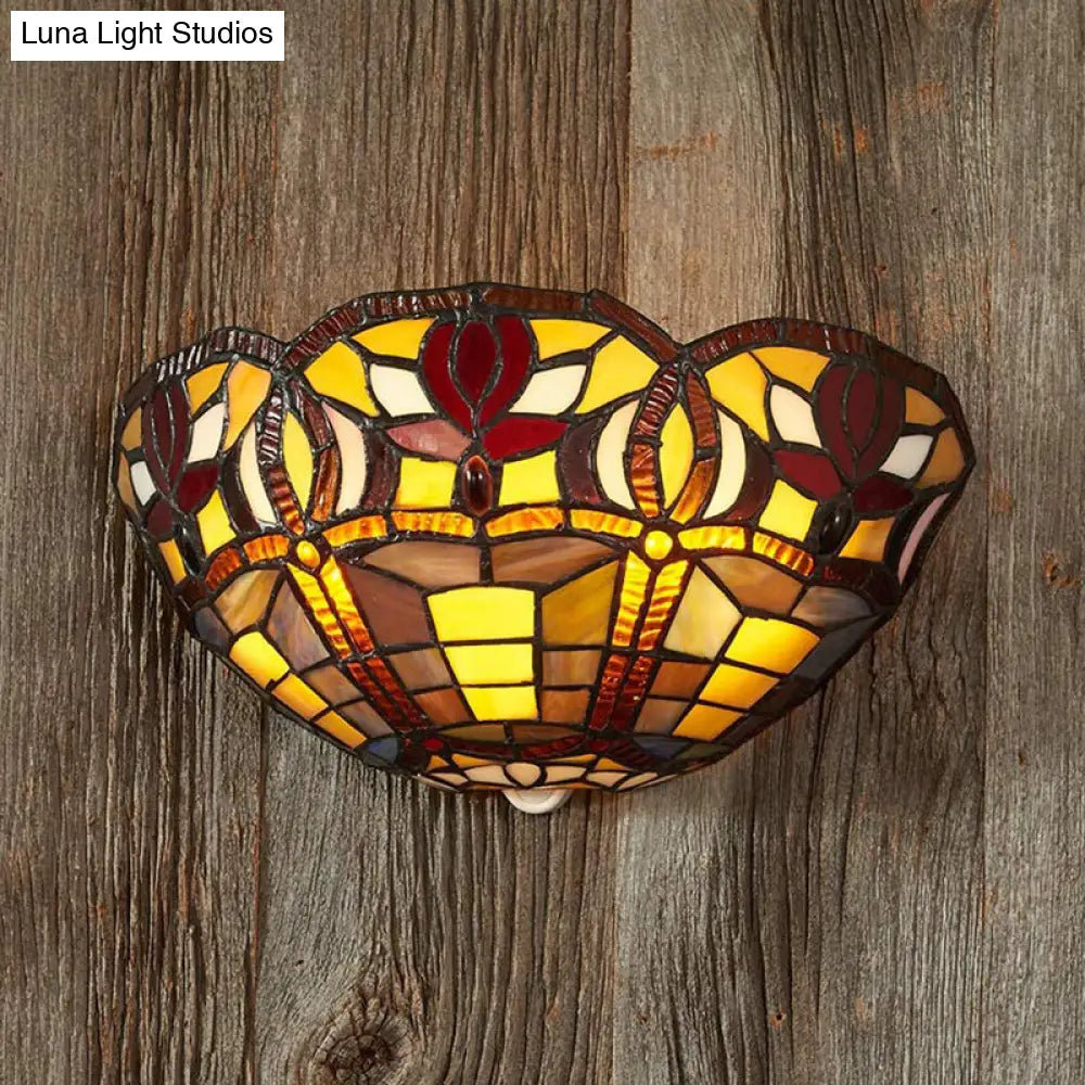 Rustic Tiffany Art Glass Bowl Wall Sconce Lamp - Corridor Lighting Red Brown Shade