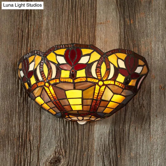 Rustic Tiffany Art Glass Bowl Wall Sconce Lamp - Corridor Lighting Red Brown Shade