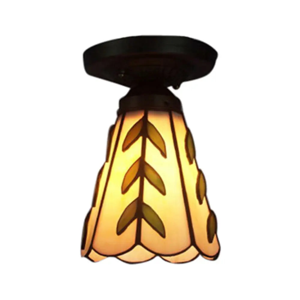 Rustic Tiffany Ceiling Lamp - Stained Glass Conical Mount Light For Kitchen Beige Shade