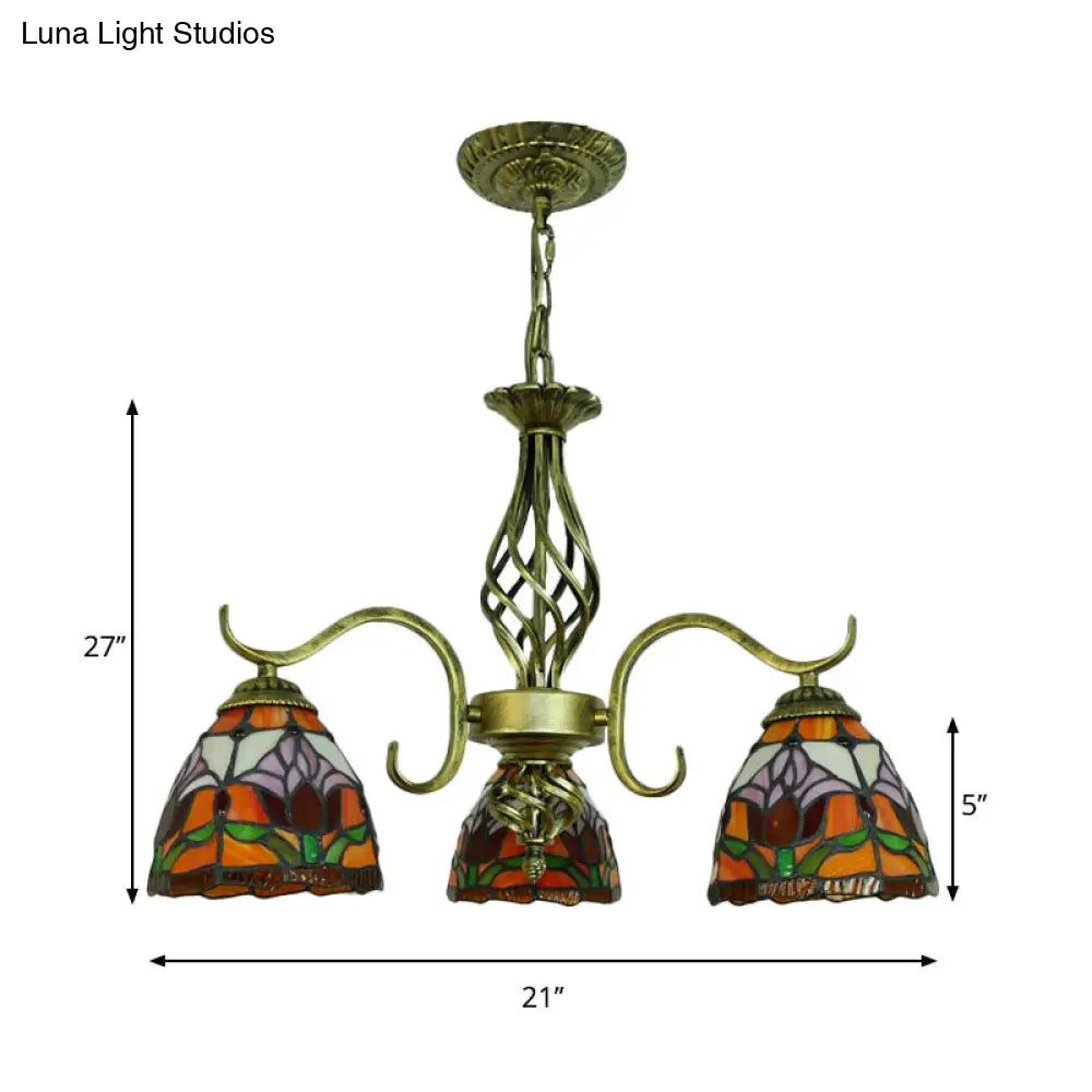 Stained Glass Dome Restaurant Hanging Lamp With 3 Lights In Rustic Orange