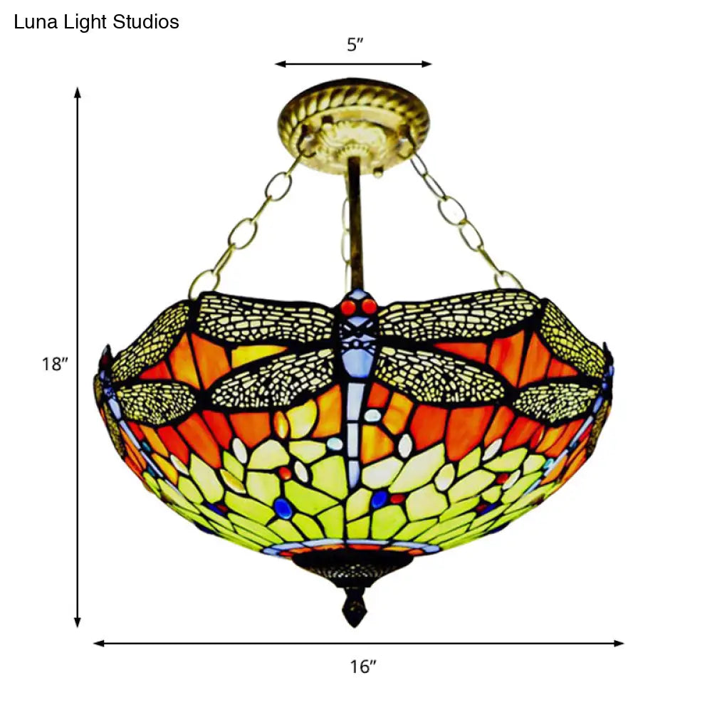 Rustic Tiffany Dragonfly Stained Glass Ceiling Light Fixture For Hotels