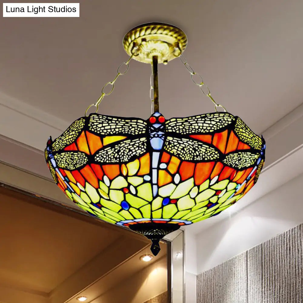 Rustic Tiffany Dragonfly Stained Glass Ceiling Light Fixture For Hotels