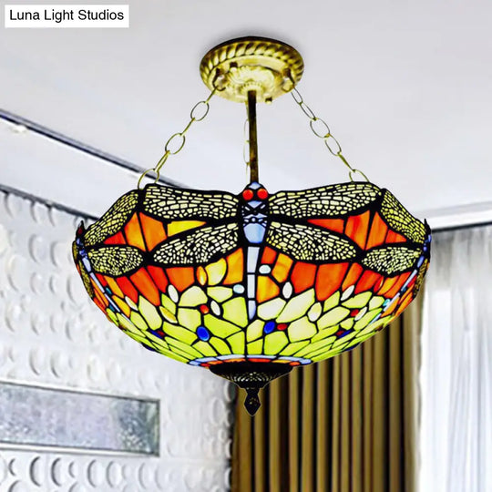 Rustic Tiffany Dragonfly Stained Glass Ceiling Light Fixture For Hotels