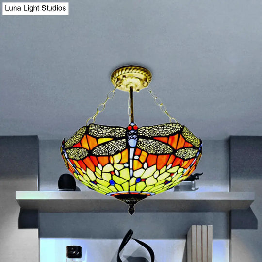 Rustic Tiffany Dragonfly Stained Glass Ceiling Light Fixture For Hotels Orange