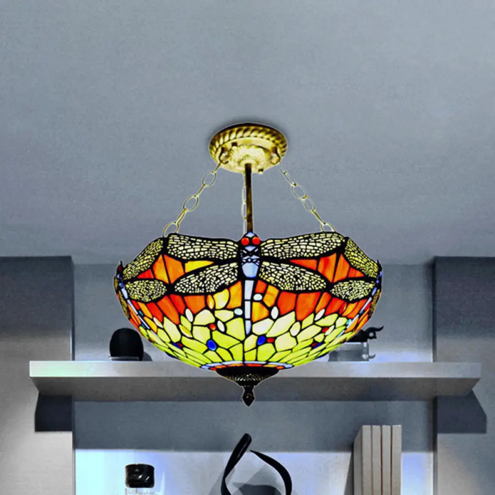 Rustic Tiffany Dragonfly Stained Glass Ceiling Light Fixture For Hotels Orange