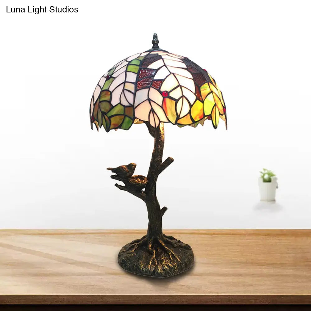 Rustic Tiffany Leaf Table Lamp With Tree Base - Stained Glass Desk Light