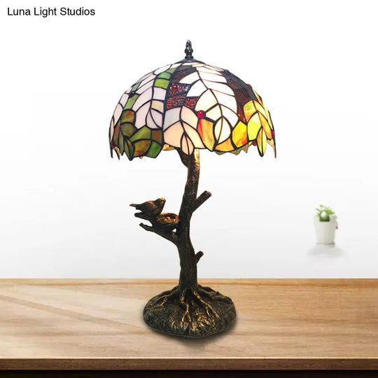 Rustic Tiffany Leaf Table Lamp With Tree Base - Stained Glass Desk Light