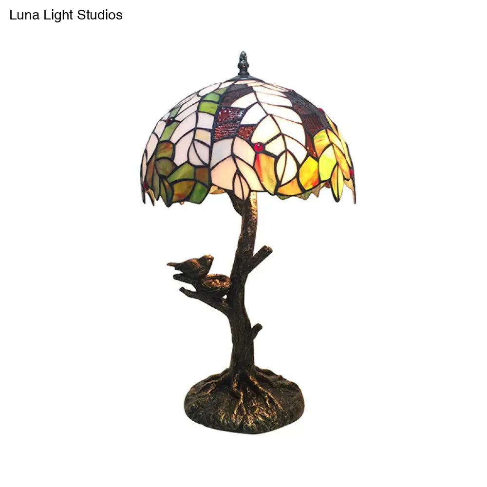 Rustic Tiffany Leaf Table Lamp With Tree Base - Stained Glass Desk Light