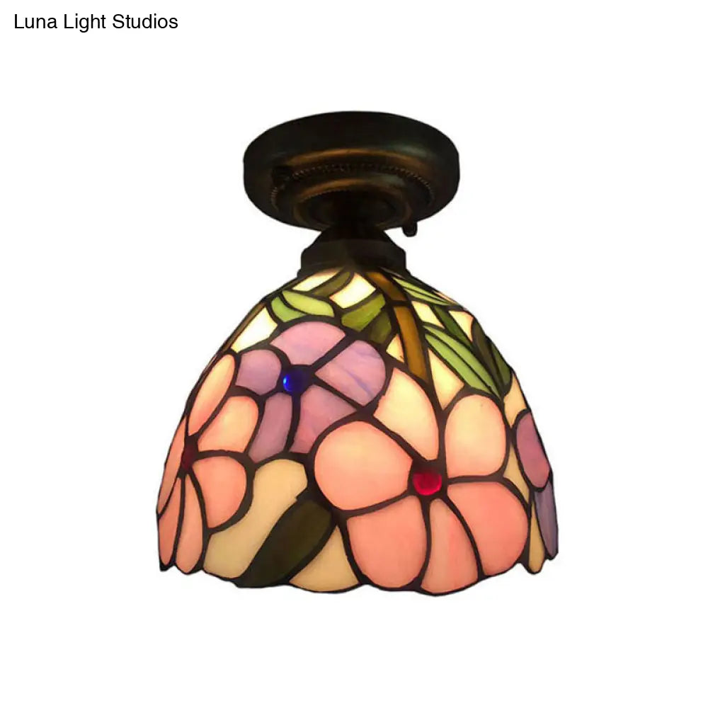 Rustic Tiffany Rose/Morning Glory Flushmount Light - Stained Glass Ceiling In Pink For Cafe