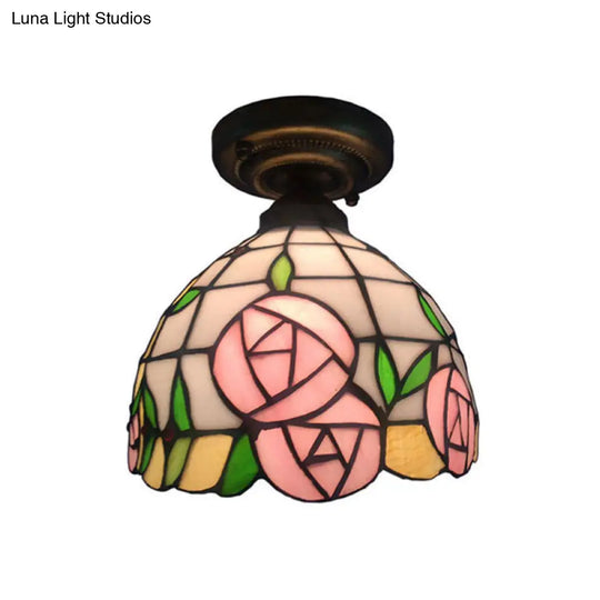 Rustic Tiffany Rose/Morning Glory Flushmount Light - Stained Glass Ceiling In Pink For Cafe