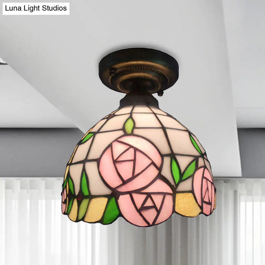 Rustic Tiffany Rose/Morning Glory Flushmount Light - Stained Glass Ceiling In Pink For Cafe / Rose