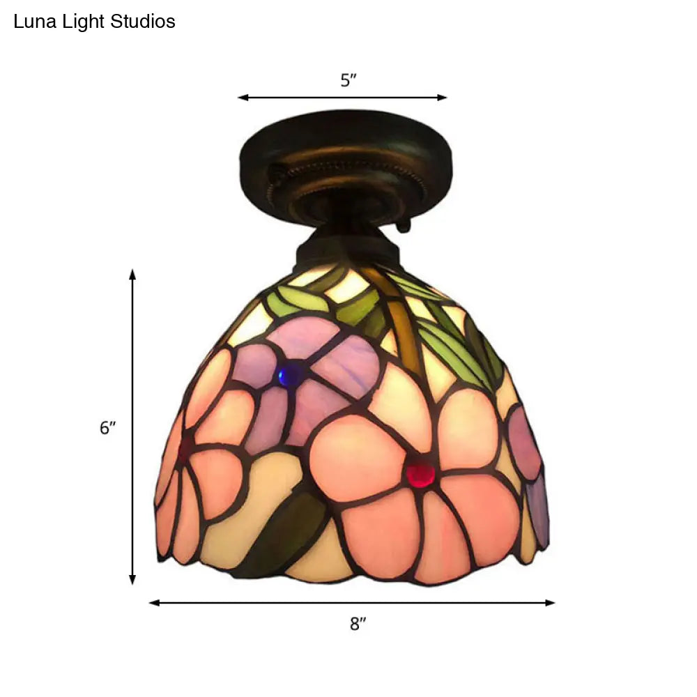 Rustic Tiffany Rose/Morning Glory Flushmount Light - Stained Glass Ceiling In Pink For Cafe