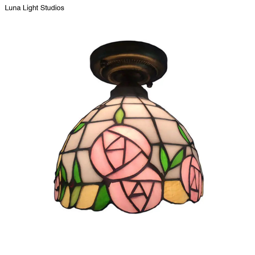 Rustic Tiffany Rose/Morning Glory Flushmount Light - Stained Glass Ceiling In Pink For Cafe