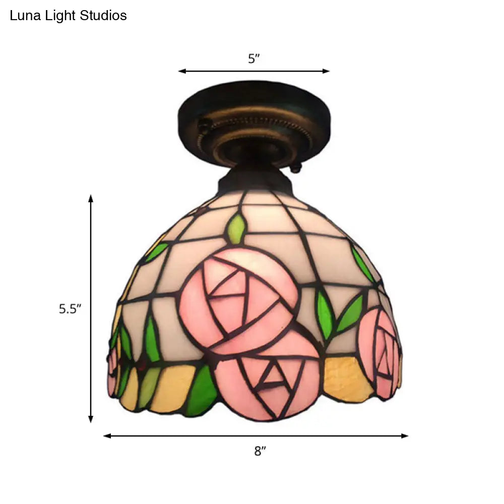 Rustic Tiffany Rose/Morning Glory Flushmount Light - Stained Glass Ceiling In Pink For Cafe