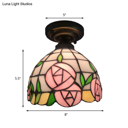 Rustic Tiffany Rose/Morning Glory Flushmount Light - Stained Glass Ceiling In Pink For Cafe