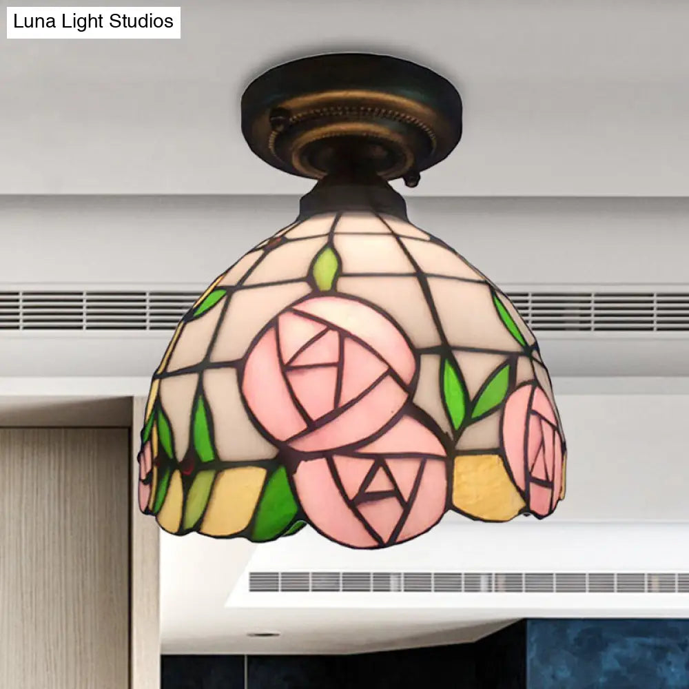 Rustic Tiffany Rose/Morning Glory Flushmount Light - Stained Glass Ceiling In Pink For Cafe