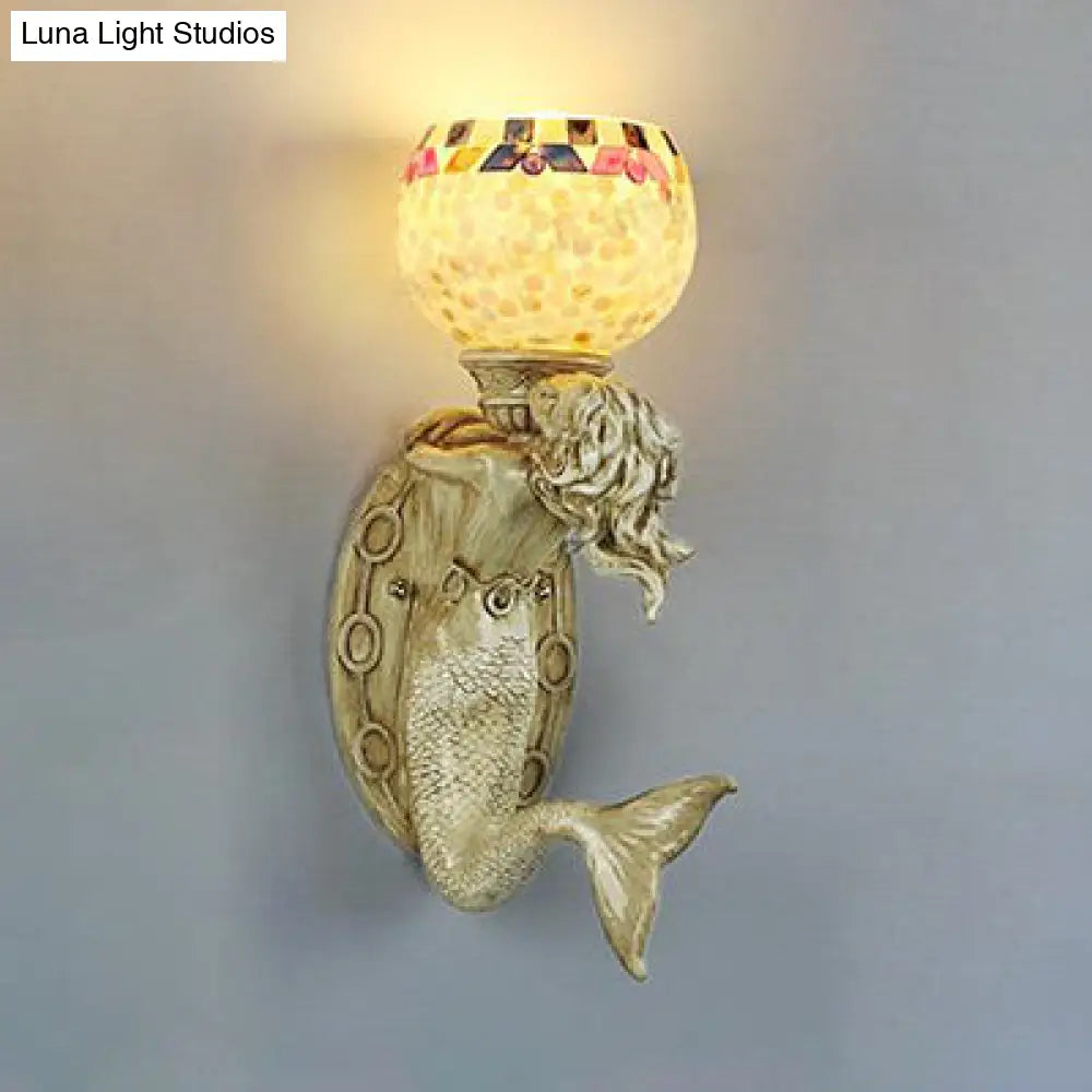 Rustic Tiffany Shell Bowl/Dome Wall Lamp - Mermaid Resin Accent Beige Finish