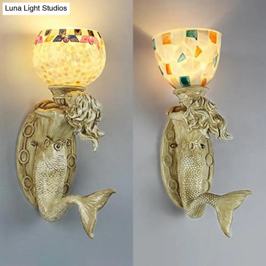 Rustic Tiffany Shell Bowl/Dome Wall Lamp - Mermaid Resin Accent Beige Finish