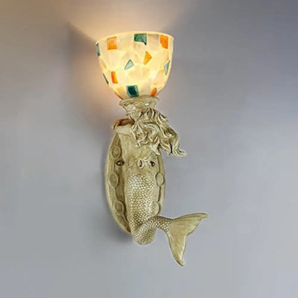 Rustic Tiffany Shell Bowl/Dome Wall Lamp - Mermaid Resin Accent Beige Finish / Dome