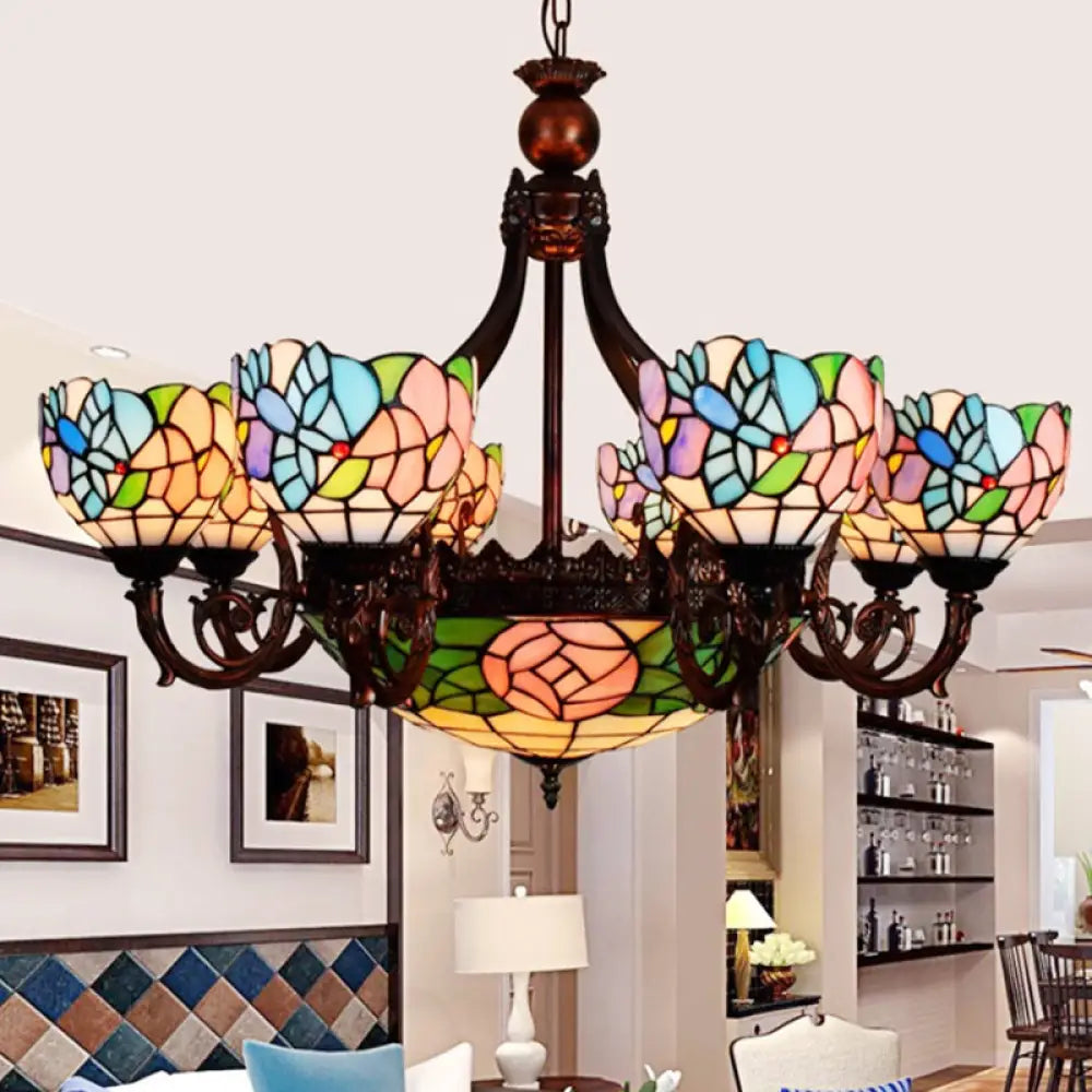 Rustic Tiffany Stained Glass Bird Chandelier - Multi-Head Pink Hanging Light For Villas