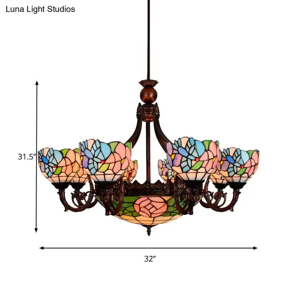 Rustic Tiffany Stained Glass Bird Chandelier - Multi-Head Pink Hanging Light For Villas