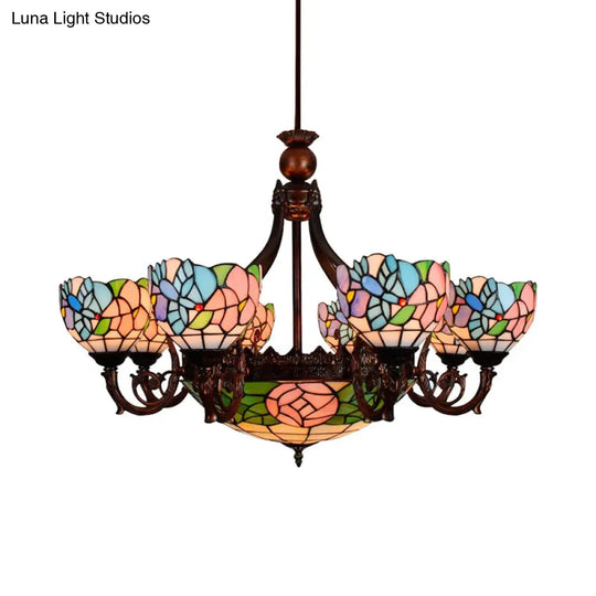 Rustic Tiffany Stained Glass Bird Chandelier - Multi-Head Pink Hanging Light For Villas