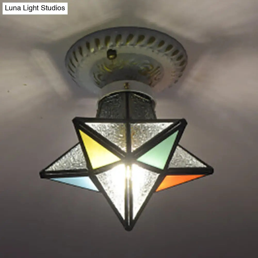 Tiffany Rustic Star Stained Glass Flush Light For Bedroom - Blue/Clear/Blue-Yellow-Green