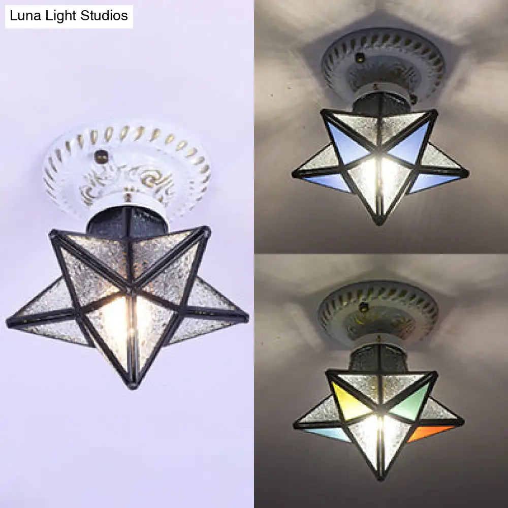 Tiffany Rustic Star Stained Glass Flush Light For Bedroom - Blue/Clear/Blue-Yellow-Green