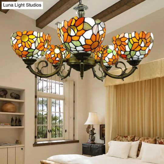 Rustic Tiffany Stained Glass Chandelier: Orange Sunflower Hanging Light For Dining Room