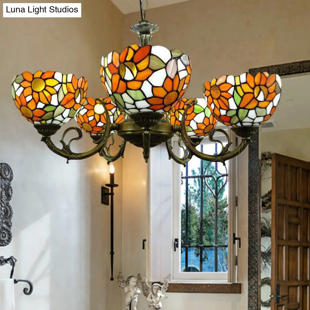 Rustic Tiffany Stained Glass Chandelier: Orange Sunflower Hanging Light For Dining Room