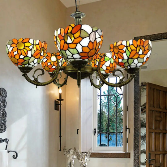 Rustic Tiffany Stained Glass Chandelier: Orange Sunflower Hanging Light For Dining Room