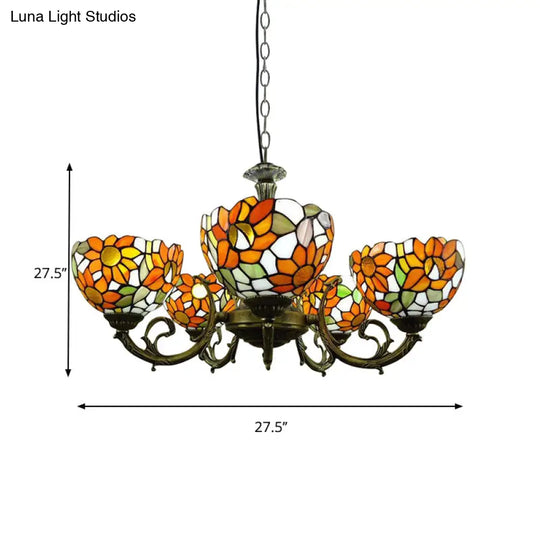 Rustic Tiffany Stained Glass Chandelier: Orange Sunflower Hanging Light For Dining Room