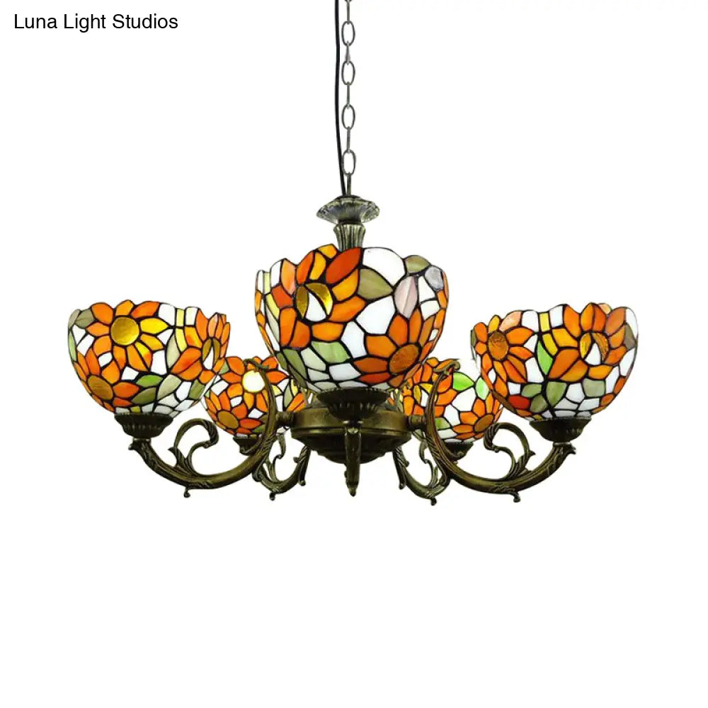 Rustic Tiffany Stained Glass Chandelier: Orange Sunflower Hanging Light For Dining Room