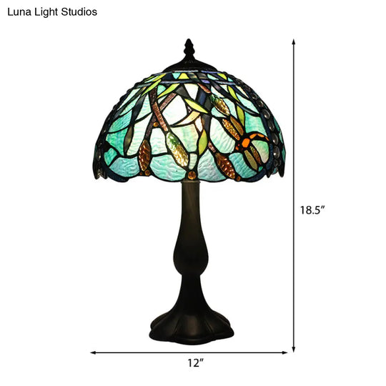 Rustic Tiffany Stained Glass Desk Light With Peacock Tail/Dragonfly Design - Green