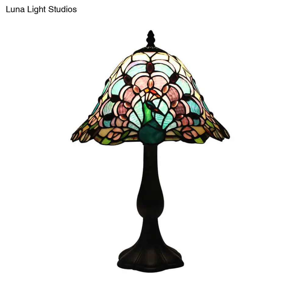 Rustic Tiffany Stained Glass Desk Light With Peacock Tail/Dragonfly Design - Green