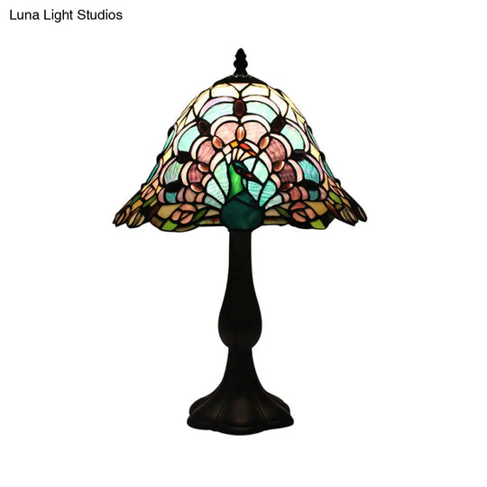 Rustic Tiffany Stained Glass Desk Light With Peacock Tail/Dragonfly Design - Green