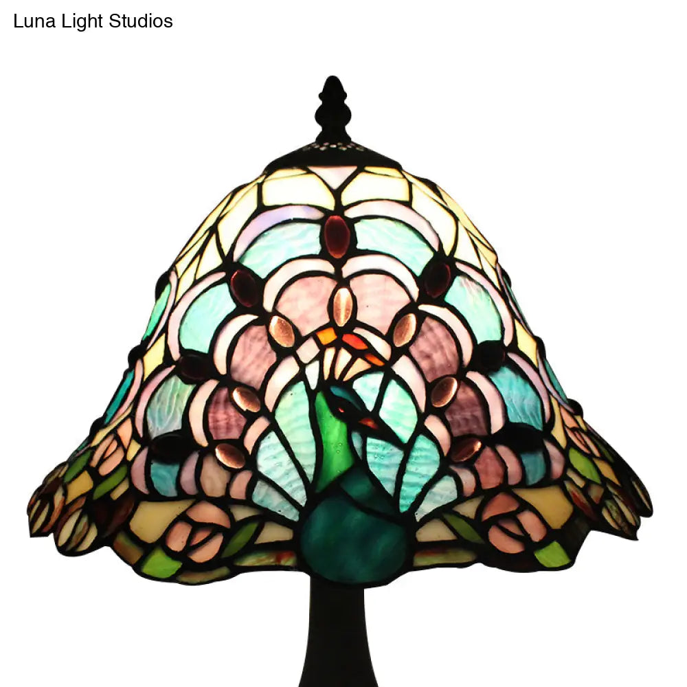 Rustic Tiffany Stained Glass Desk Light With Peacock Tail/Dragonfly Design - Green